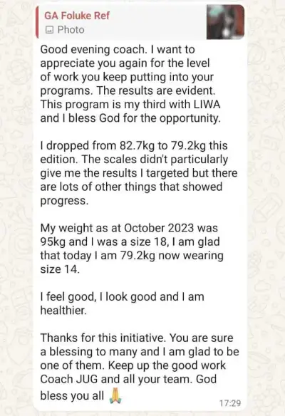 A member's WhatsApp message, shared as originally written. Phone numbers are blurred.