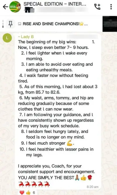 A member's WhatsApp message, shared as originally written. Phone numbers are blurred.