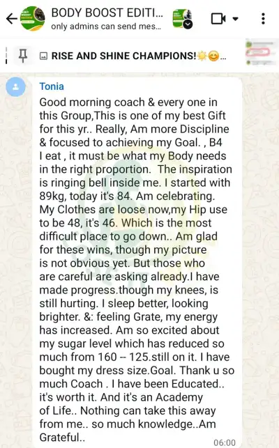 A member's WhatsApp message, shared as originally written. Phone numbers are blurred.