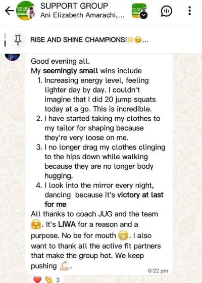 A member's WhatsApp message, shared as originally written. Phone numbers are blurred.