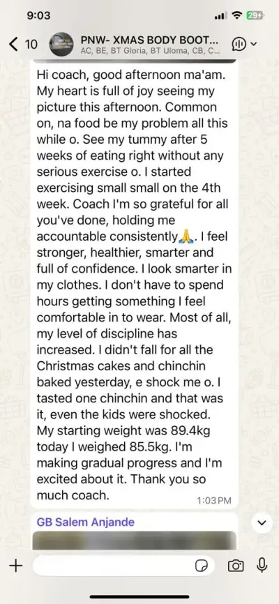 A member's WhatsApp message, shared as originally written. Phone numbers are blurred.