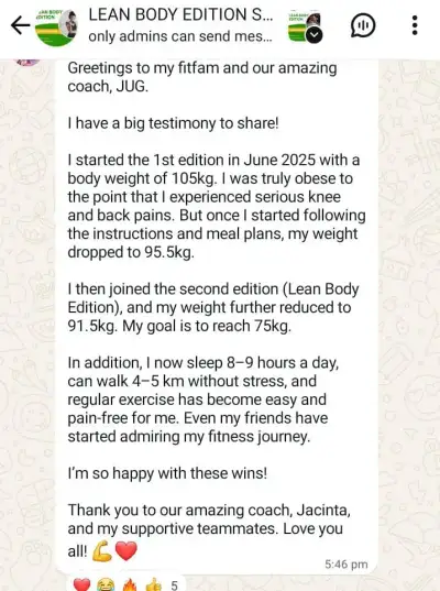 A member's WhatsApp message, shared as originally written. Phone numbers are blurred.