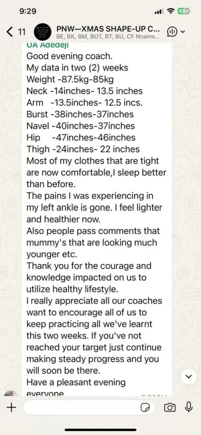 A member's WhatsApp message, shared as originally written. Phone numbers are blurred.