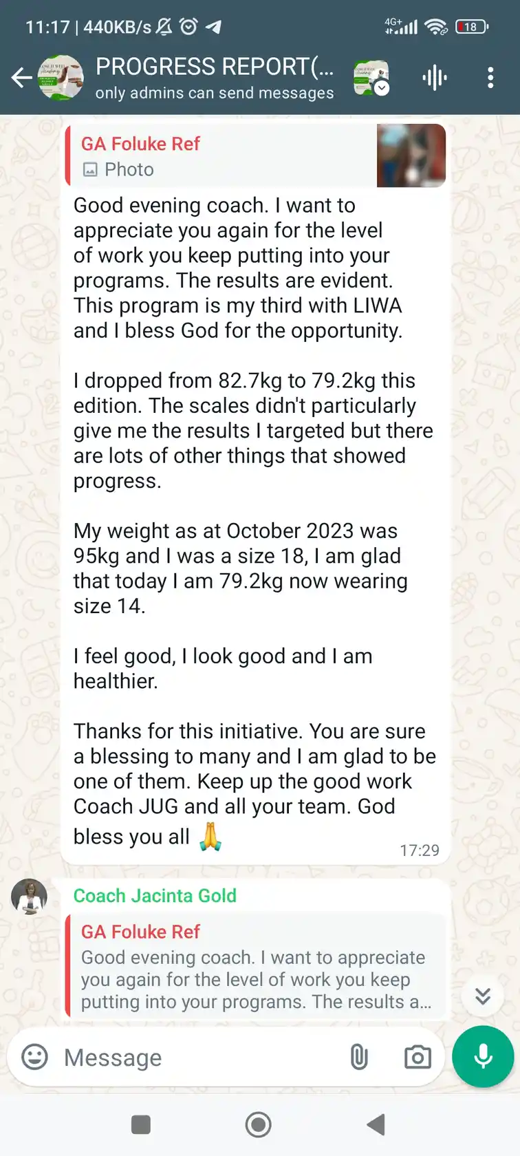 A member's WhatsApp message, shared as originally written. Phone numbers are blurred.