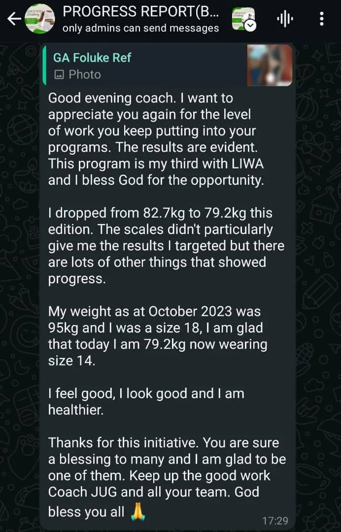 A member's WhatsApp message, shared as originally written. Phone numbers are blurred.