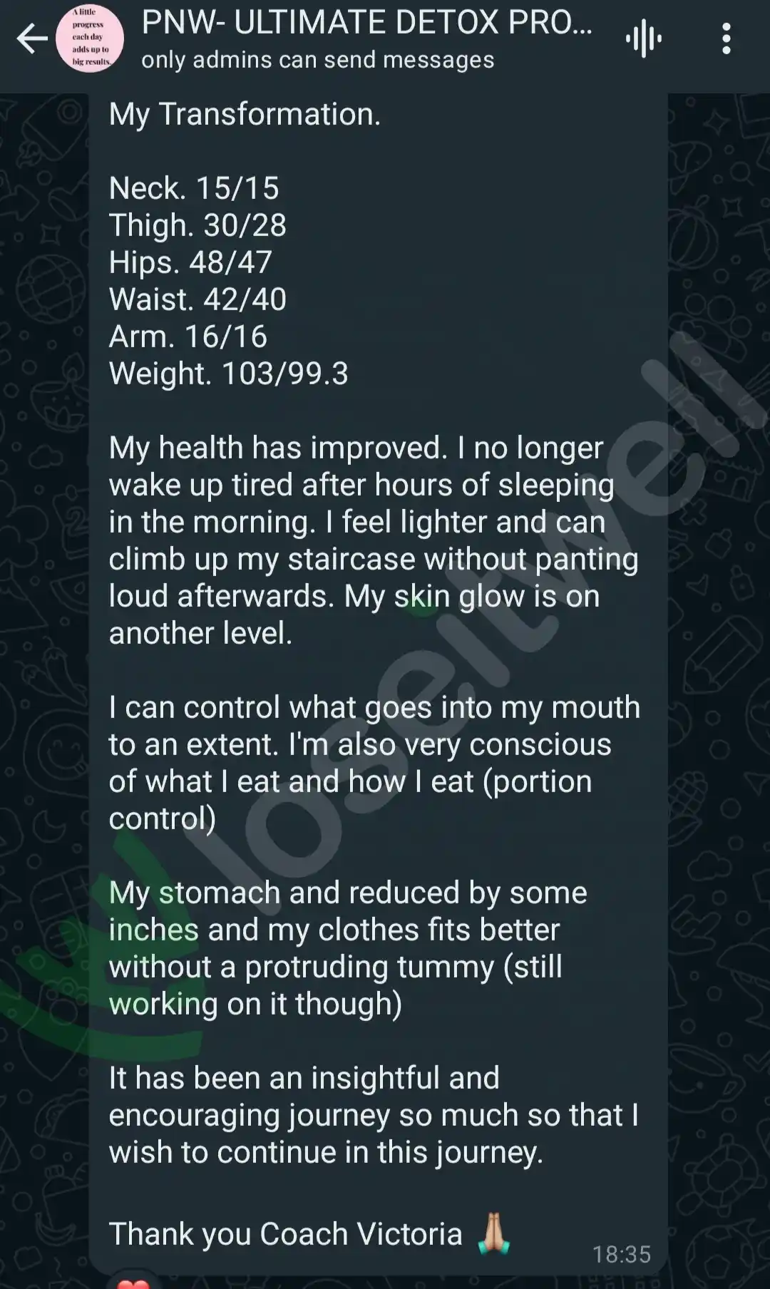 A member's WhatsApp message, shared as originally written. Phone numbers are blurred.