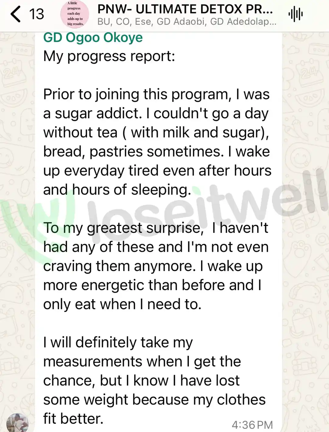 A member's WhatsApp message, shared as originally written. Phone numbers are blurred.