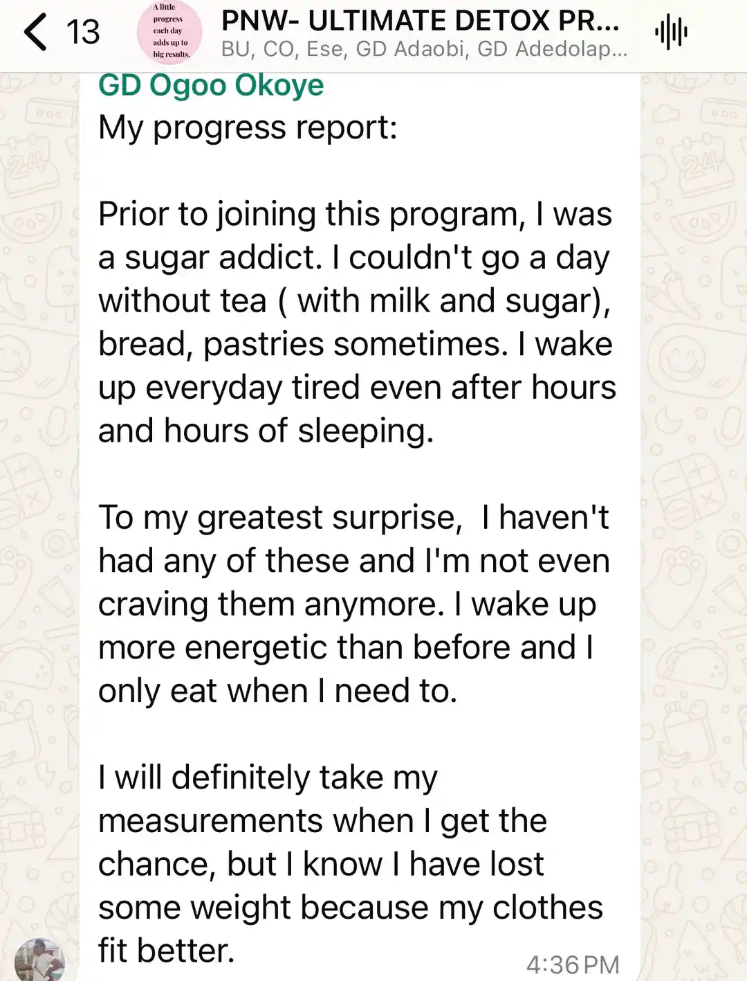 A member's WhatsApp message, shared as originally written. Phone numbers are blurred.