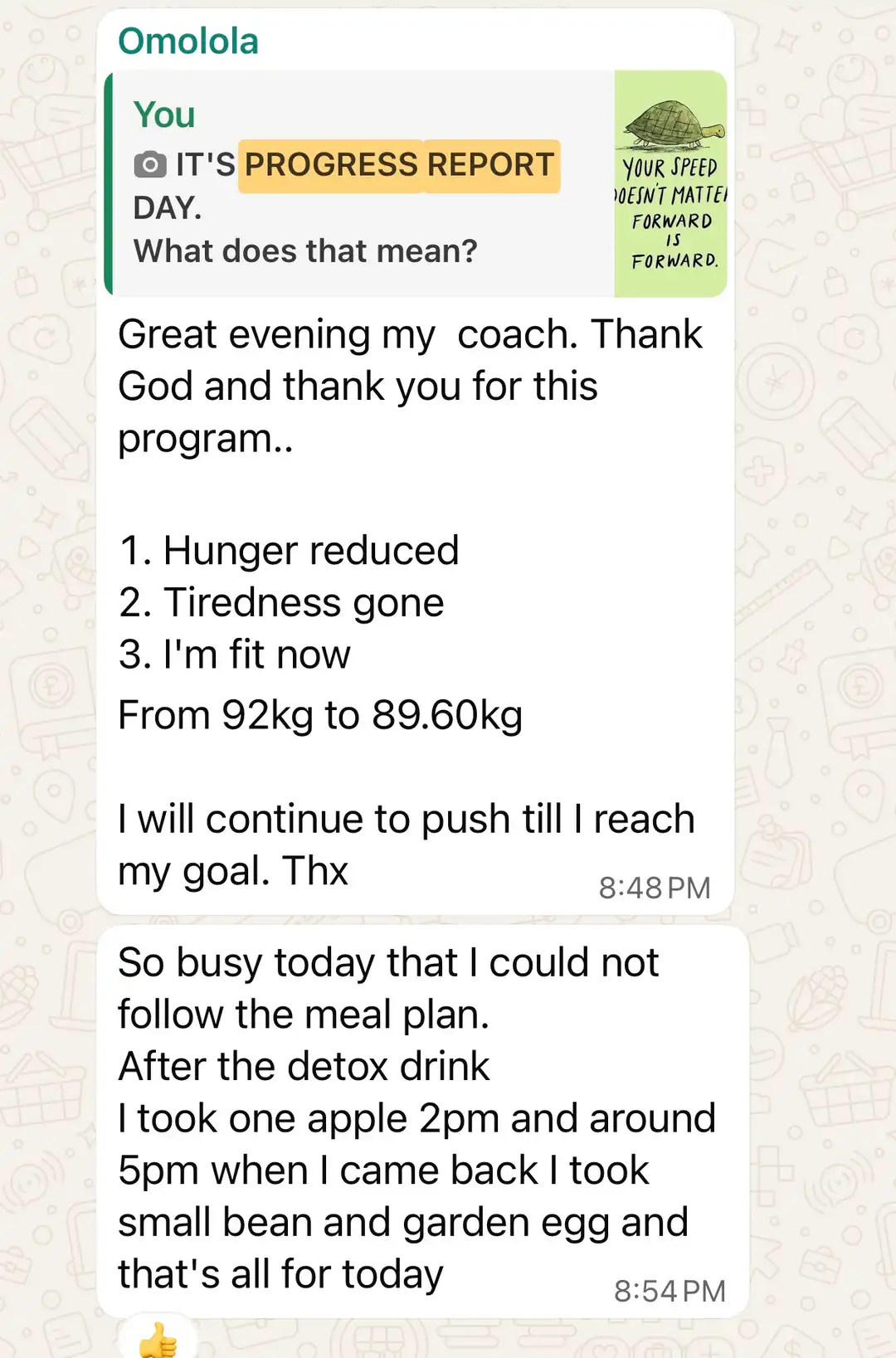 A member's WhatsApp message, shared as originally written. Phone numbers are blurred.