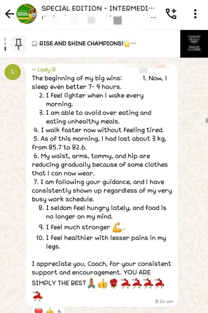 A member's WhatsApp message, shared as originally written. Phone numbers are blurred.