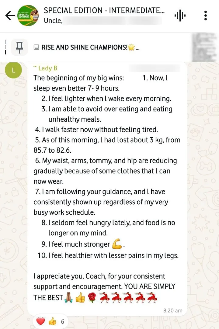 A member's WhatsApp message, shared as originally written. Phone numbers are blurred.