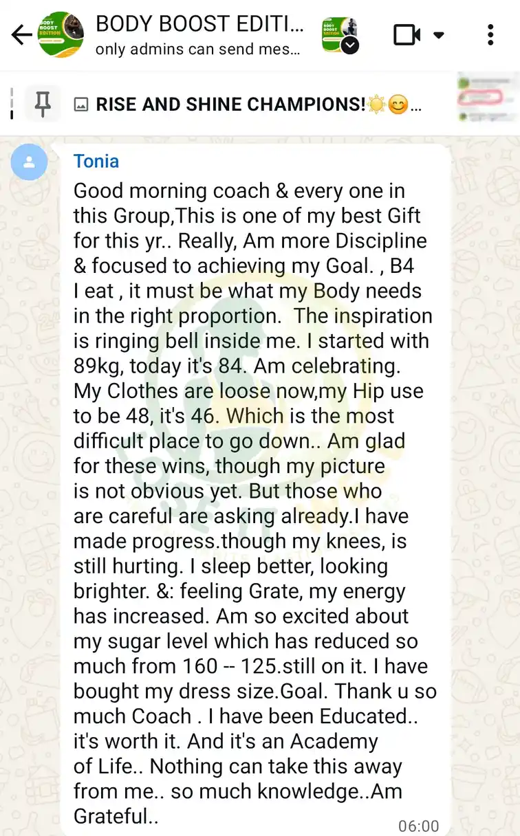 A member's WhatsApp message, shared as originally written. Phone numbers are blurred.