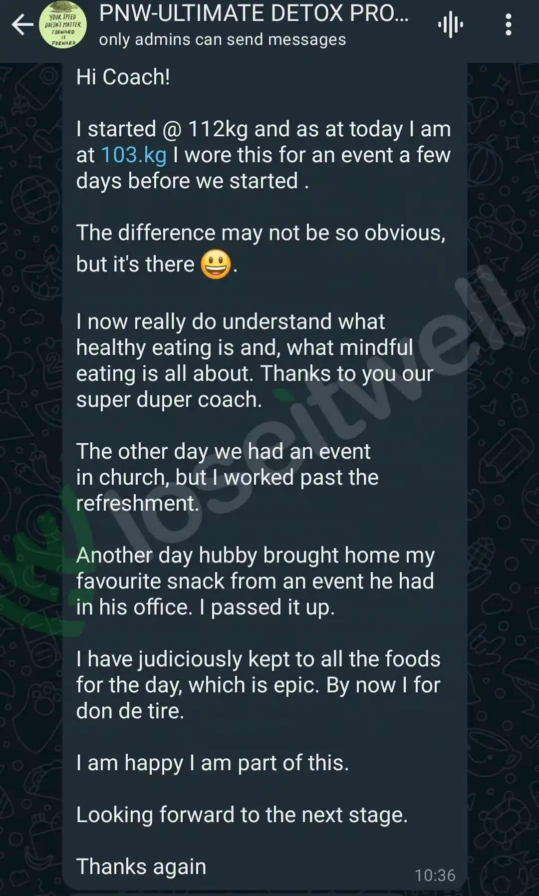 A member's WhatsApp message, shared as originally written. Phone numbers are blurred.