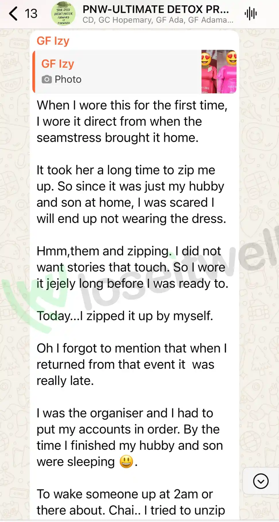 A member's WhatsApp message, shared as originally written. Phone numbers are blurred.