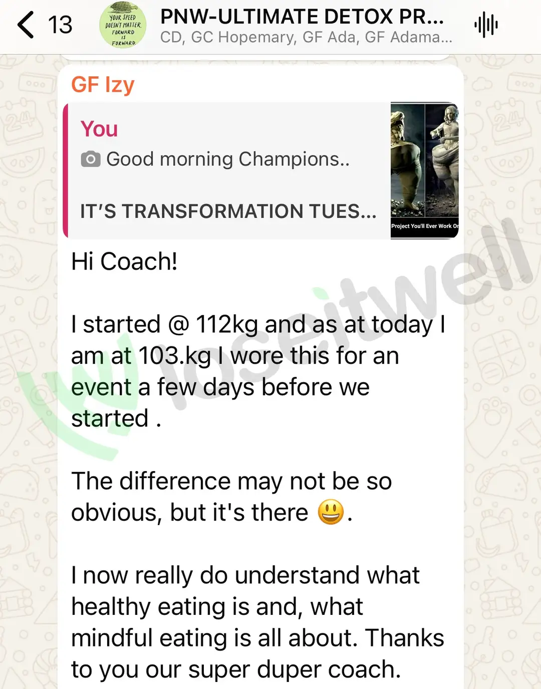 A member's WhatsApp message, shared as originally written. Phone numbers are blurred.