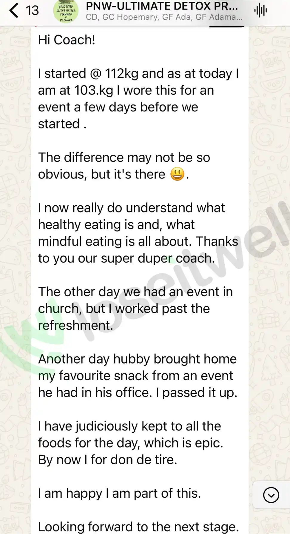 A member's WhatsApp message, shared as originally written. Phone numbers are blurred.