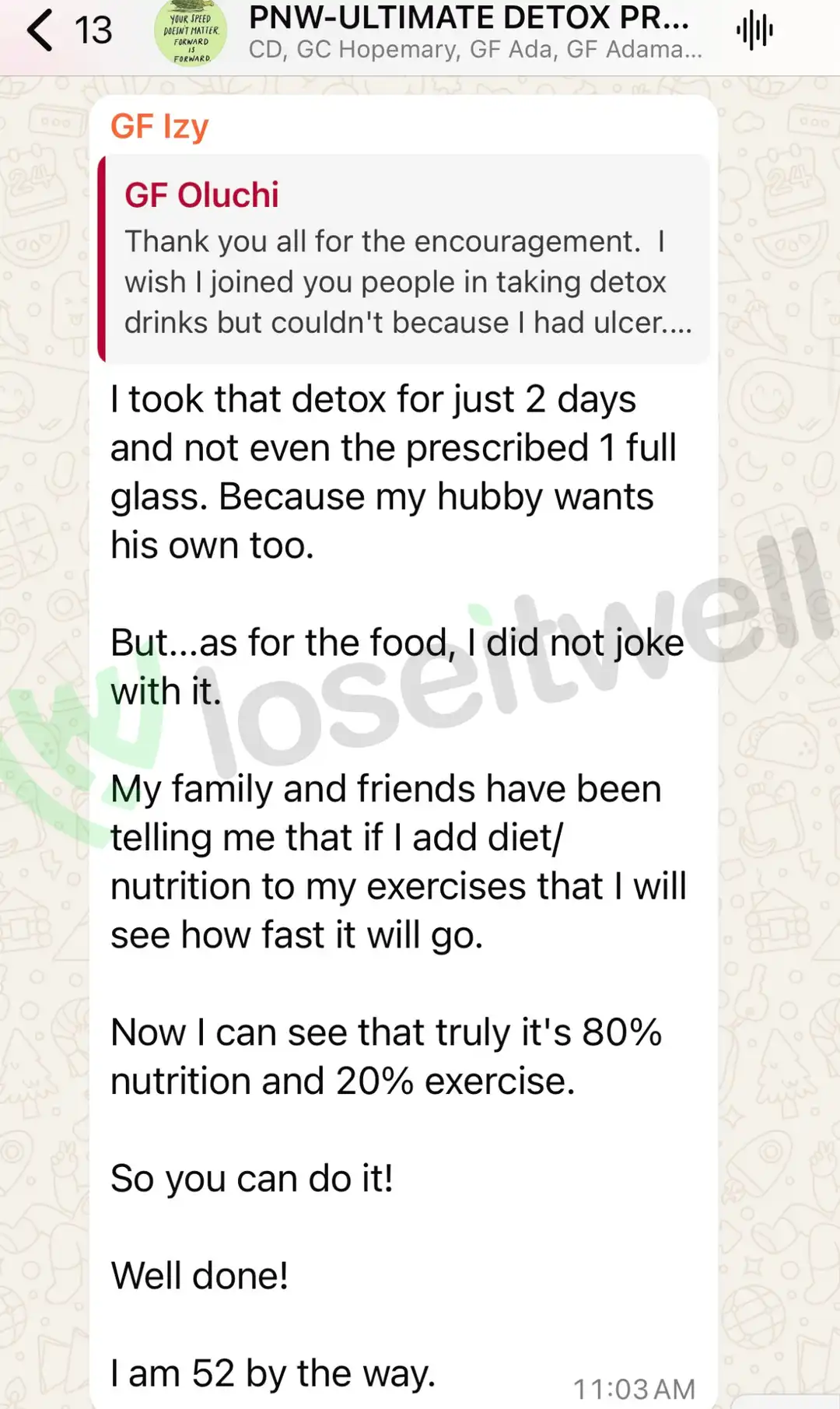 A member's WhatsApp message, shared as originally written. Phone numbers are blurred.