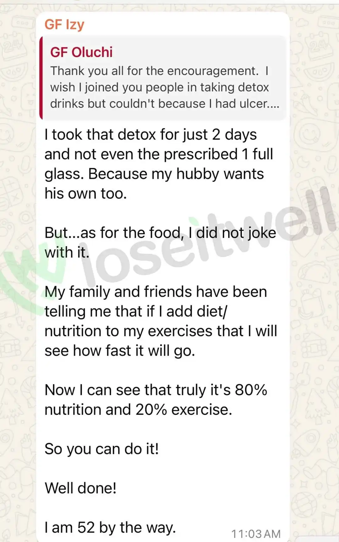 A member's WhatsApp message, shared as originally written. Phone numbers are blurred.