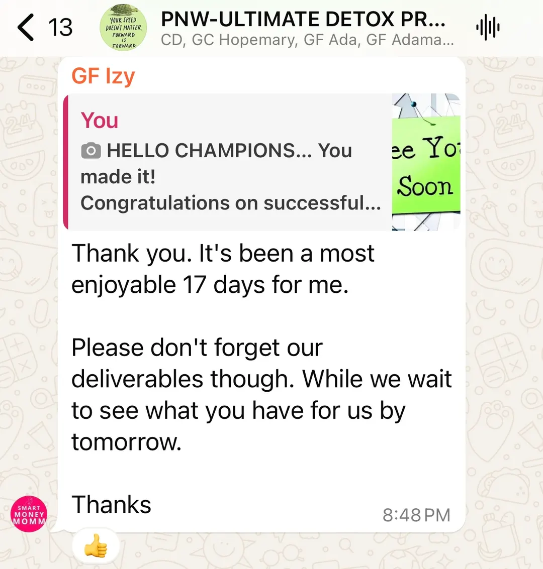 A member's WhatsApp message, shared as originally written. Phone numbers are blurred.