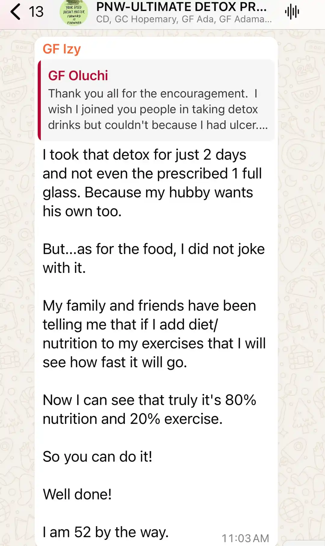 A member's WhatsApp message, shared as originally written. Phone numbers are blurred.