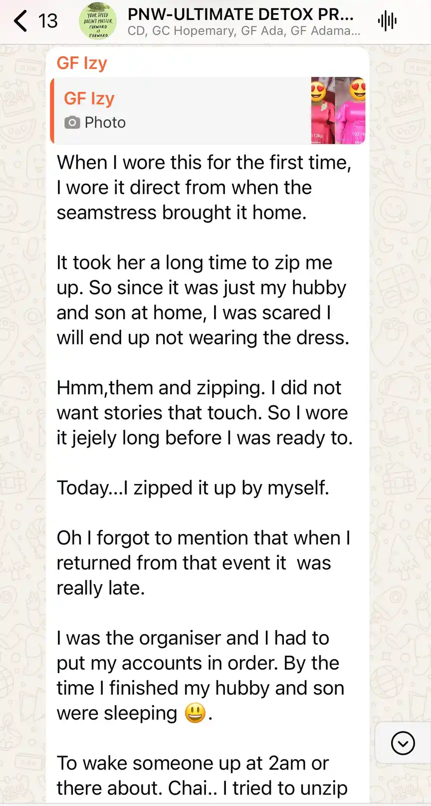 A member's WhatsApp message, shared as originally written. Phone numbers are blurred.
