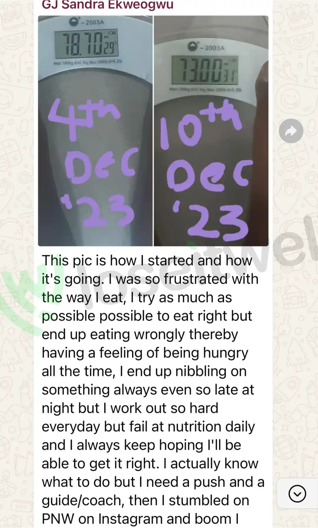 A member's WhatsApp message, shared as originally written. Phone numbers are blurred.