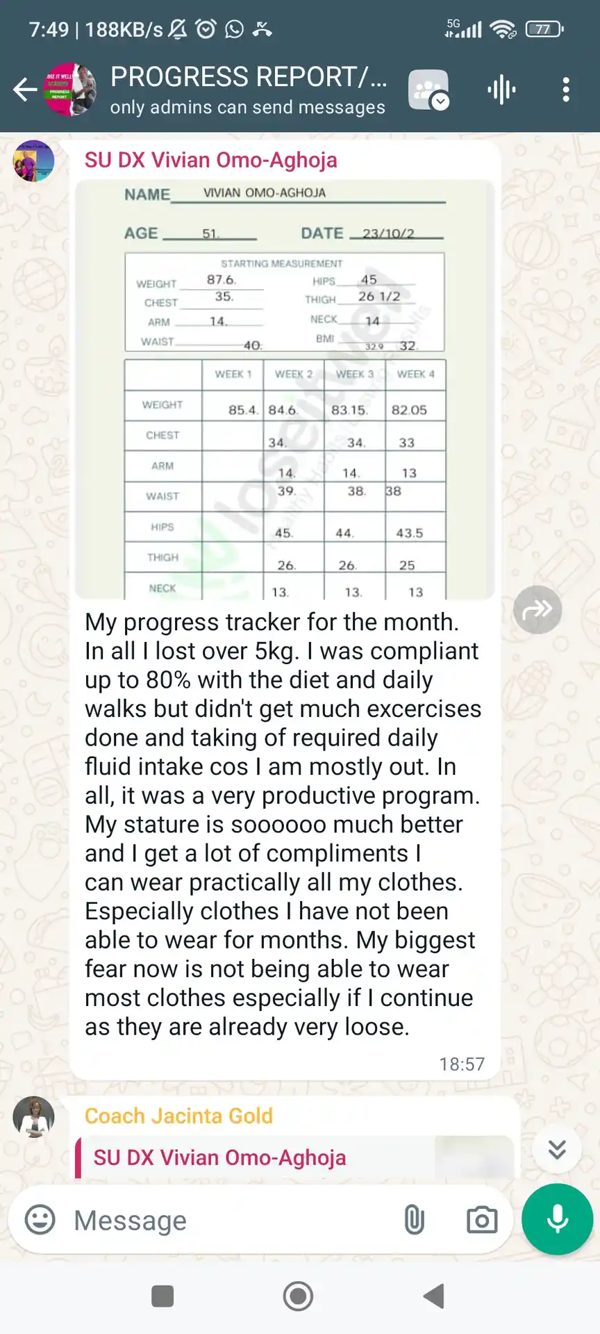 A member's WhatsApp message, shared as originally written. Phone numbers are blurred.
