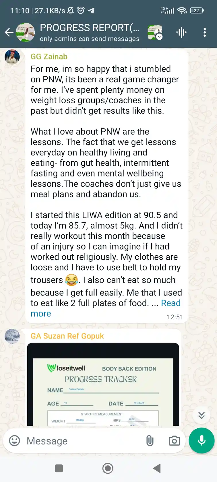 A member's WhatsApp message, shared as originally written. Phone numbers are blurred.