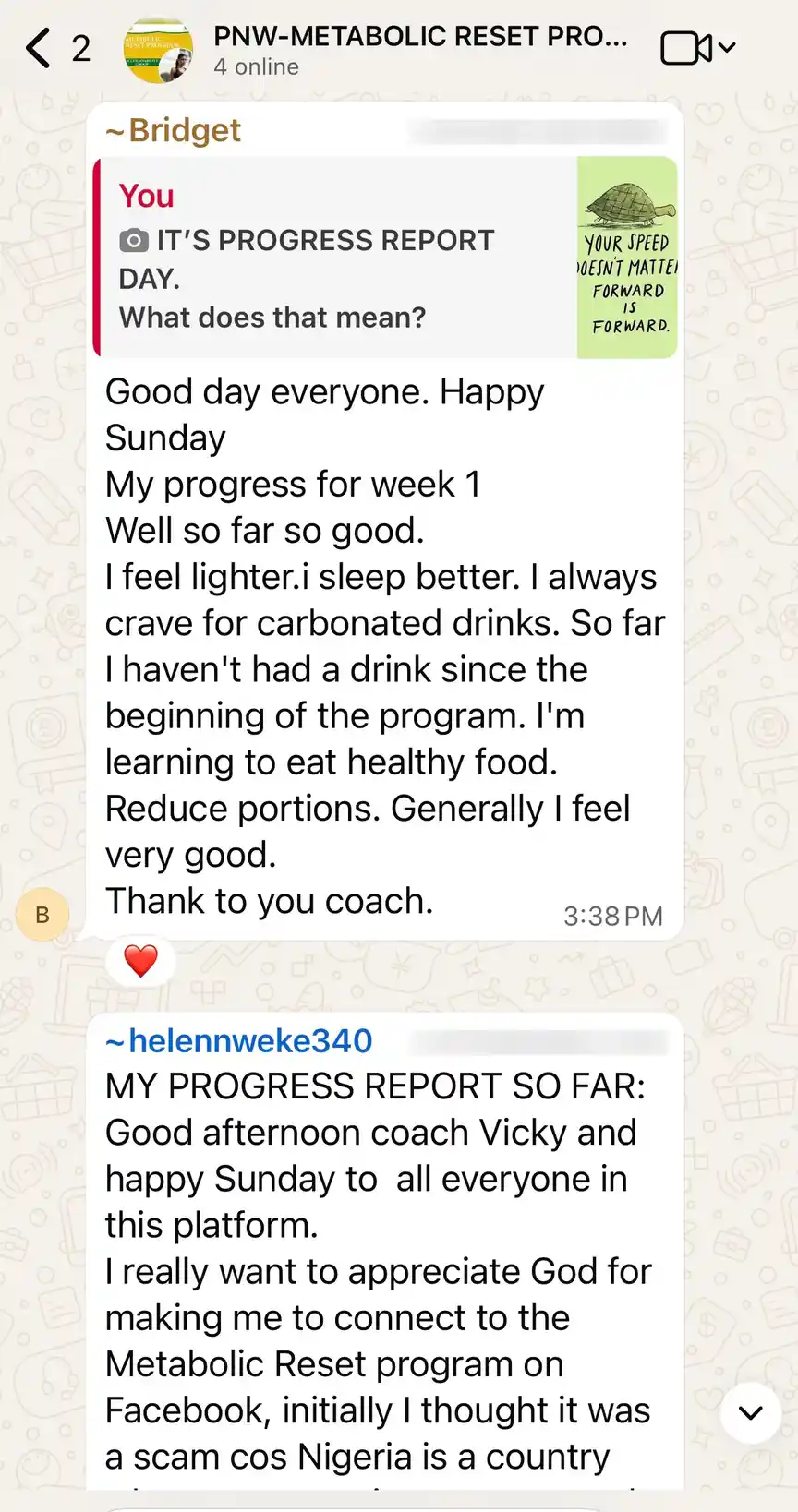A member's WhatsApp message, shared as originally written. Phone numbers are blurred.
