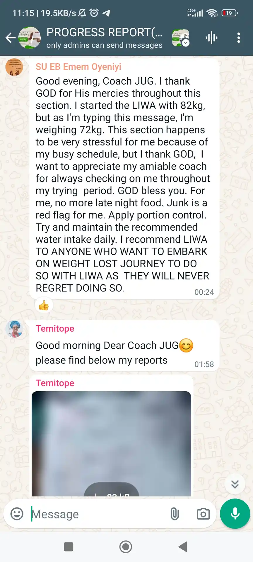 A member's WhatsApp message, shared as originally written. Phone numbers are blurred.