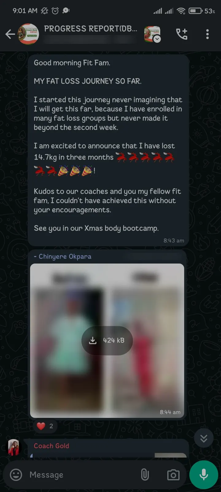 A member's WhatsApp message, shared as originally written. Phone numbers are blurred.