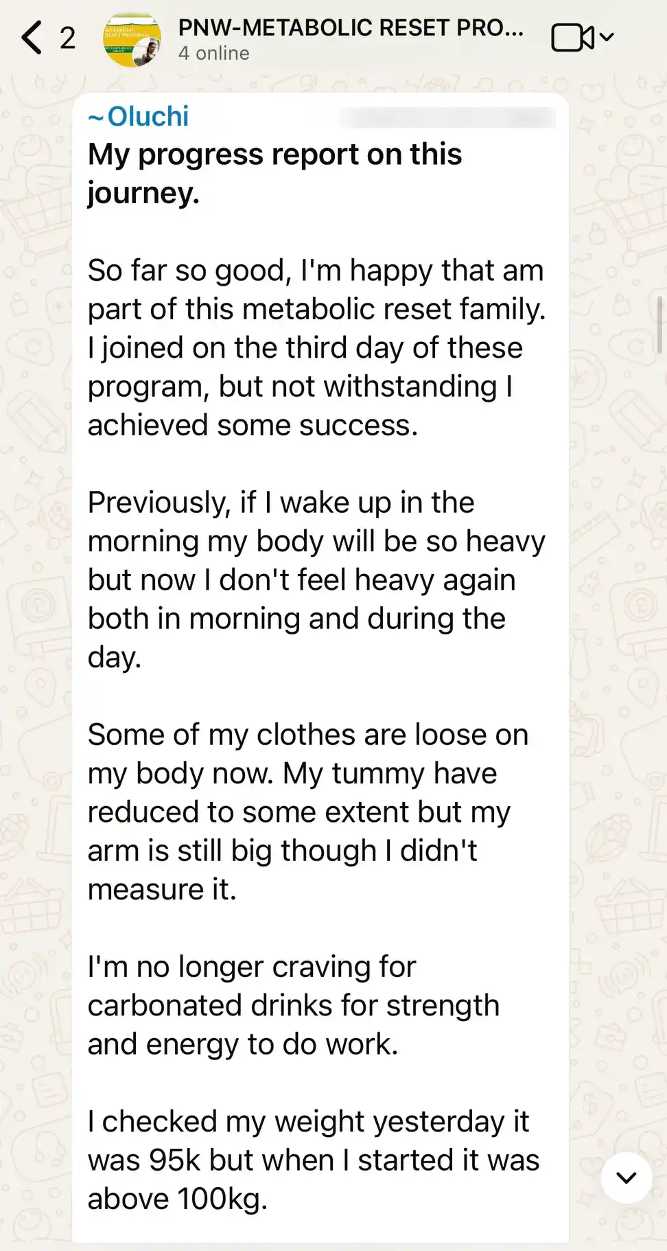 A member's WhatsApp message, shared as originally written. Phone numbers are blurred.