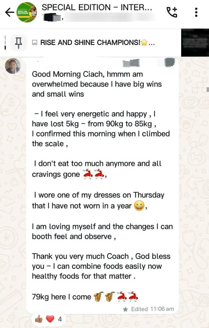 A member's WhatsApp message, shared as originally written. Phone numbers are blurred.