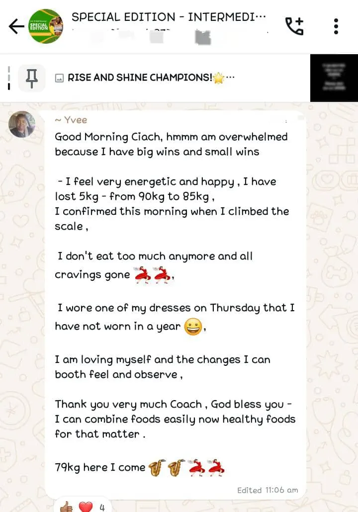 A member's WhatsApp message, shared as originally written. Phone numbers are blurred.