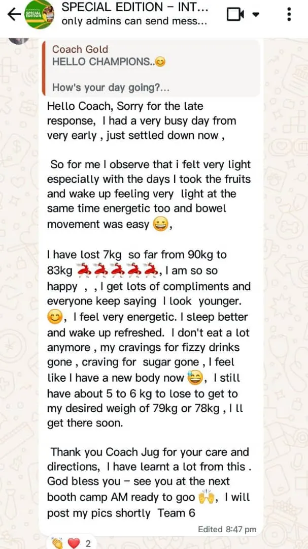 A member's WhatsApp message, shared as originally written. Phone numbers are blurred.